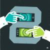 An illustration of two hands touching two phones that mobile phones that form the holes in the number 8