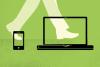 Illustration of a person striding between a mobile device and a desktop computer with one foot in each