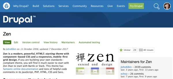 Screenshot of Drupal.org showing the Zen project homepage with its Chinese character for "zen"
