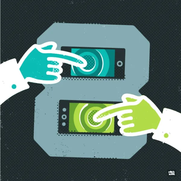 An illustration of two hands touching two phones that mobile phones that form the holes in the number 8