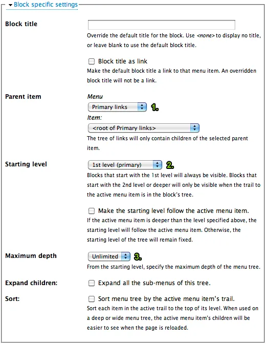 screenshot of all of Menu Block 6.x-2.3's options
