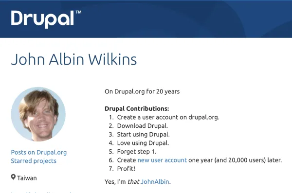 Webpage saying: John Albin Wilkins on Drupal.org for 20 years with a picture of John when he was 31 years old
