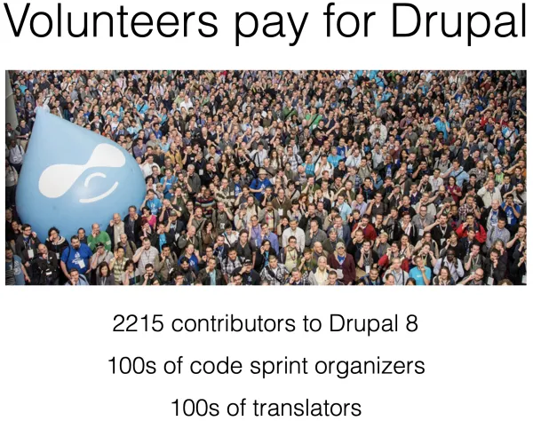 Volunteers pay for Drupal. 2215 contributors to Drupal 8. 100s of code sprint organizers. 100s of translators.